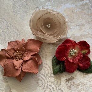 Three (3) flower pins, brooches, orange/coral, red and tan